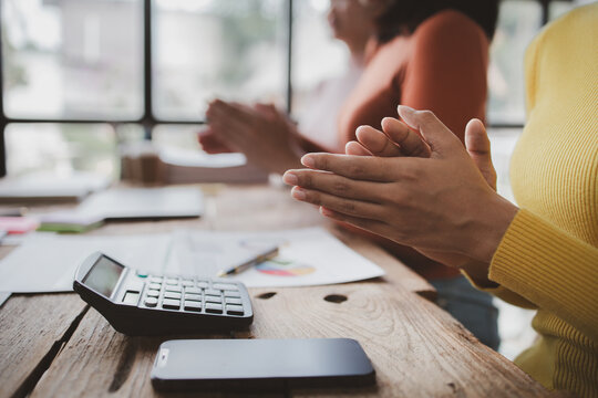 Group businessman attended a meeting with executives of startup companies, startup company sales team meetings, brainstorming and summary of company performance. Business strategy management concept.