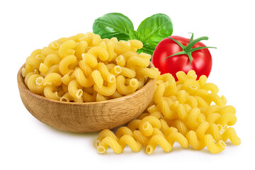 raw pasta cavatappi in wooden bowl isolated on white background with clipping path and full depth of field.
