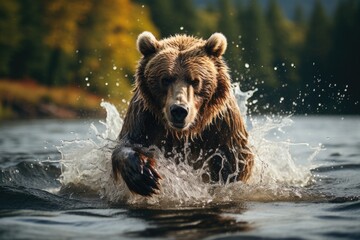 Fototapeta na wymiar Brown bear fishing in a river. Generative AI