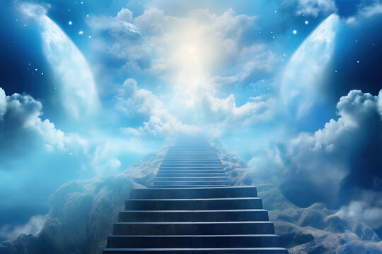 Stairway to Heaven. Stairs in sky.   Faith in religion and belief in God. Power of hope or love and devotion. Concept  Religion  background