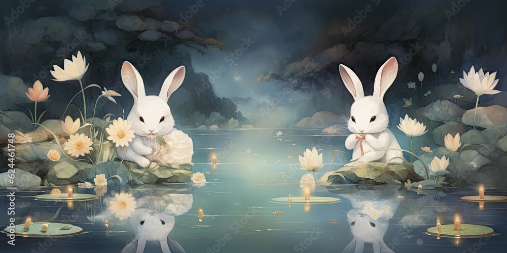 Wall mural  Moonlit Serenity - Adorable Rabbits and Mooncakes on Lotus Leaves Moonlit Festival Generative AI Digital Illustration - Wall murals
