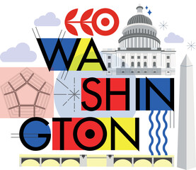 Typography word "Washington" branding technology concept. Collection of flat vector web icons, culture travel set, famous architectures, specialties detailed silhouette. American famous landmark.