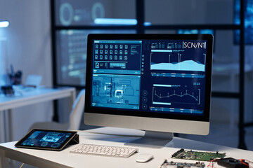 Horizontal image of computer with software on monitor standing on workplace of developer in the...