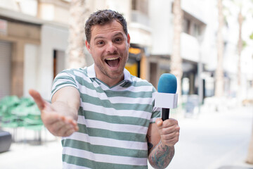 smiling happily and offering or showing a concept. presenter concept