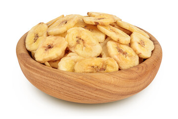 Dried banana chips in wooden bowl isolated on white background with full depth of field