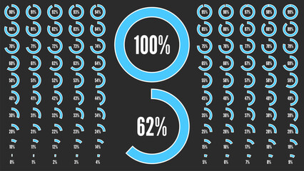 Percentage circle diagrams from 0 to 100. Set of sign icon for infographic. Big percent collection for user interface UI or business infographic. Blue and white shapes. Vector illustration.
