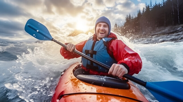 Happy and excited man riding small boat through the waves