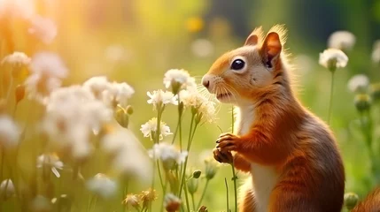 Fototapeten Cute squirrel and beautiful flowers in the garden. AI generated © ZayWin