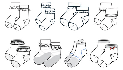 Set of Kids frill Socks flat sketch fashion illustration drawing template mock up, Children ruffle socks cad drawing for Baby, infants and toddlers, baby crew socks design drawing