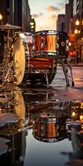 Fototapeta premium Drum set with reflection in the water against the background of the city. Generative AI