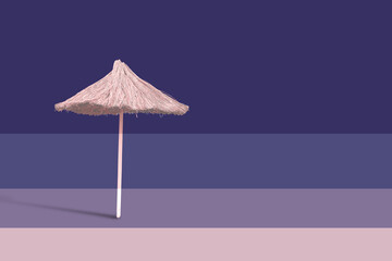 Beach umbrella on a sunny day, sea in background. Exotic tropical beach landscape for background or wallpaper. Opening of the beach season 3D illustration