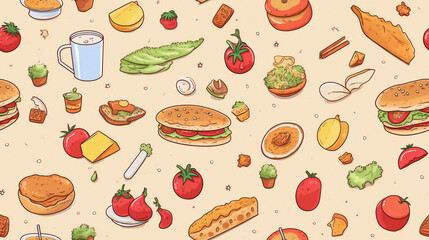 an abstract illustration of food inspired pattern printable for packaging and wrapping created by generative AI