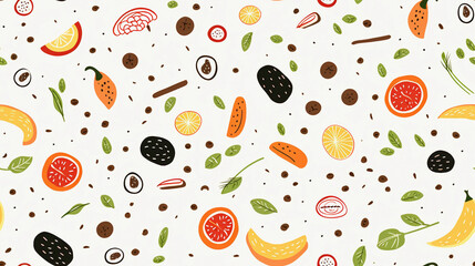 an abstract illustration of food inspired pattern printable for packaging and wrapping created by generative AI
