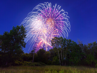 Close-up Fireworks View of the Independence Day of July 4, 2023, over a Forest Land in Oneida County, New York