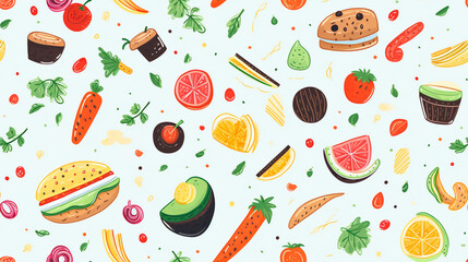an abstract illustration of food inspired pattern printable for packaging and wrapping created by generative AI