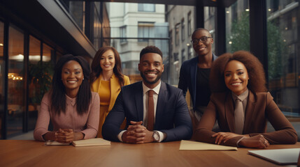 African American Businessman Boss With Group Of Business People In Creative Office, Successful Mix Race Man Leading Businesspeople Team Stand Folded Hands, Professional Staff Happy Smiling - obrazy, fototapety, plakaty