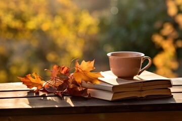 Naklejka na ściany i meble Cup of hot tea and book in the park, autumn leaves , AI Generated