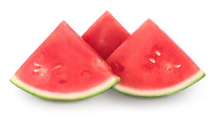 Red seedless watermelon slices isolated on white background with full depth of field.