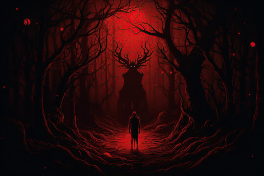 Demon in the woods. Evil forest creature. Halloween concept. Generative Ai illustration
