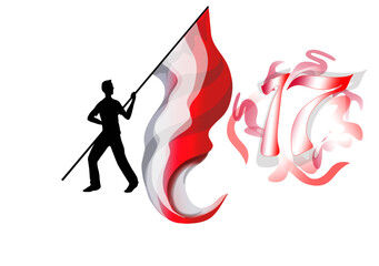 The silhouette of people holding the red and white flag