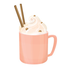 Beverage cacao dessert. Hot chocolate with whipped cream and waffle tubes. A winter hot drink for the holidays. 