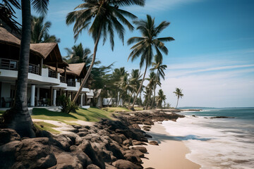 Coastal Beauty Beachfront Resort with Palm Trees and Ocean Views - obrazy, fototapety, plakaty