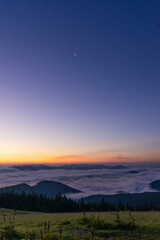 landscape in the mountains, sunset, sunrise, silhouettes of peaks, Montenegrin mountain range, Carpathians, travel, screensaver, poster, poster, cover, print, spring, winter