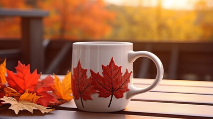 a mug with a maple leaf on a white cup against the background 