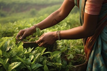 Women's hands close-up during the seasonal tea harvest. Hard painstaking female work to collect fine teas for your table. - obrazy, fototapety, plakaty