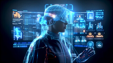 Young man in VR headset. Gaming and Virtual Reality concept illustration made with AI Generative