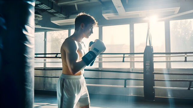 Young Man wearing boxing gloves, portrait of young fighter by the window. Illustration made with AI generative