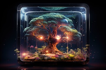 tree in a glass cube, supporting the ecological background