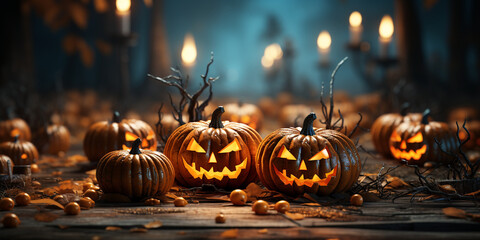 holiday halloween large pumpkins smiling candles - obrazy, fototapety, plakaty