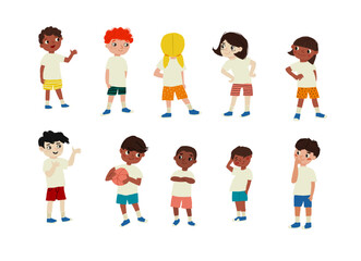 School children in stylish clothes, white tshirts, football isolated vector illustrations set on white background. Vector illustration