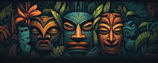 Obraz premium Tropical tiki mask, mystical symbol of the enigmatic lost tribe in the jungle, panorama. Generative Ai.
