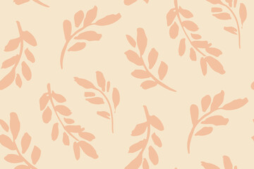 Seamless botanical pattern, delicate natural print with leaf silhouettes in pastel colors. Soft surface design with sketch plants: hand drawn foliage on a light background. Vector illustration.