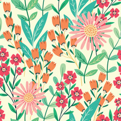 Seamless floral pattern, cute ditsy print with large cartoon plants. Pretty summer botanical design: hand drawn daisies, small flowers, twigs, leaves on a light background. Vector illustration.