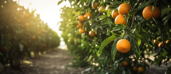 Juicy oranges grow on trees with sun flare