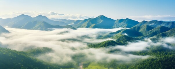 Foggy landscape in the jungle. Fog and cloud mountain tropic valley landscape. aerial view, wide misty panorama | Generative AI