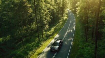 Aerial view of Modern Electric car and EV electrical energy for environment, EV car on forest road, Ecosystem ecology healthy environment. Generative Ai