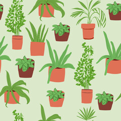 Fototapeta na wymiar Trendy vector prints plants in flat style. Modern style is perfect for decor. Boho vector home plants - seamless pattern. Vector illustration