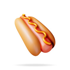 3D Hot Dog with Mustard Isolated on White. Render Hotdog Icon. Sausage with Bun and Mustard. Fast Food Concept. Fat, Unhealthy Food. Cartoon Vector Illustration