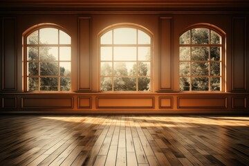 
Mur vide marron et sol en bois avec un reflet intéressant provenant de la fenêtre. Intérieur chaleureux, ia générative