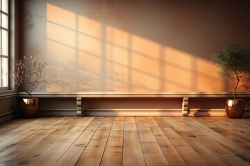 Mur vide marron et sol en bois avec un reflet intéressant provenant de la fenêtre. Intérieur chaleureux, ia générative