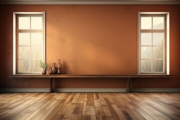 Mur vide marron et sol en bois avec un reflet intéressant provenant de la fenêtre. Intérieur chaleureux, ia générative