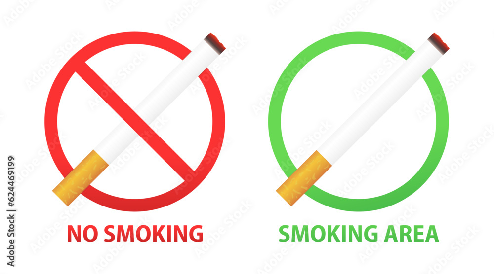 Wall mural Smoking area and No smoking sign set with realistic cigarette in the forbidden red circle. Symbol of the smoking area isolated on white background. Vector illustration