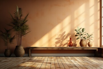 Fototapeta na wymiar Mur vide marron et sol en bois avec un reflet intéressant provenant de la fenêtre. Intérieur chaleureux, ia générative