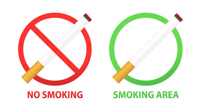 Smoking area and No smoking sign set with realistic cigarette in the forbidden red circle. Symbol of the smoking area isolated on white background. Vector illustration
