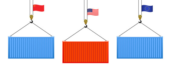 USA, China and Europe trade war concept, cargo containers with flag. Trade war business concept. Port crane lifts two cargo containers. Vector illustration