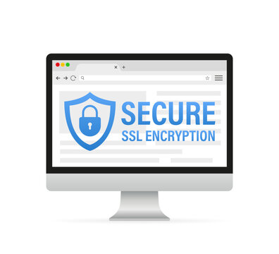 Securities Ssl Encryption On The Computer. Web Browser And Safety HTTPS - Internet Communication Protocol That Protects Confidentiality Of Users Data. Concept Of Online Security. Vector Illustration